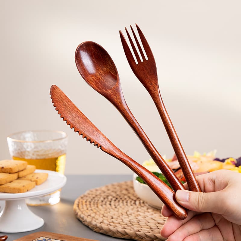 Nanmu household salad spoon wooden spoon wooden fork combination long handle spoon and fork adult portable tableware two-piece set