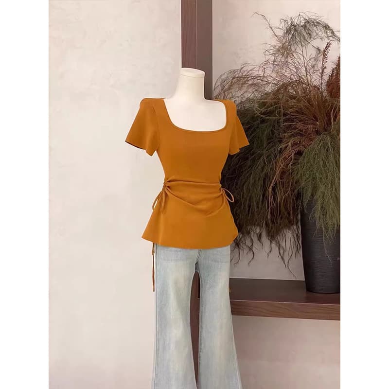 Regular Shoulder Square Neck Drawstring Waist Knit Short Sleeve T-Shirt Women Summer Design Irregular Orange Unique Top