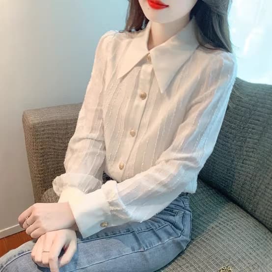 Spring Autumn Fashion Long Sleeve Pointed Collar White Chiffon Blouse for Women 2026 Fall New Simple Versatile Top Shirt