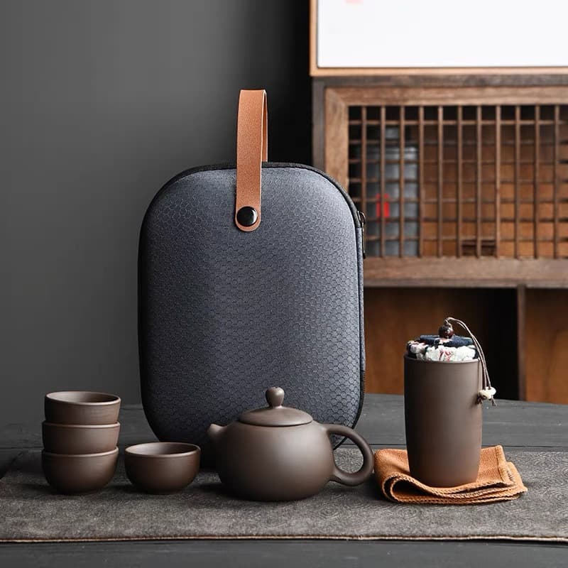 Complete Travel Tea Set with One Pot and Four Cups, Yixing Outdoor Storage Bag Small Set Full Kit Quick Cup