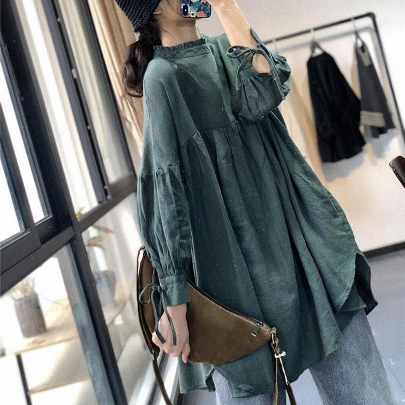 Women's Loose Artistic Blouse Plus Size Autumn Dress Mid-Length Shirt Long Sleeve Top Women's Skirt