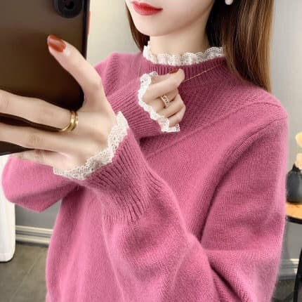 Women's Sweater 2025 Fall/Winter New Arrival Half High Collar Lace Patchwork Knit Base Layer Top Stylish