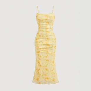New Summer Gradient Yellow Tie-Dye Camisole Dress for Women, Double-Layer Mesh Slimming Long Dress, Fashion Custom Dress