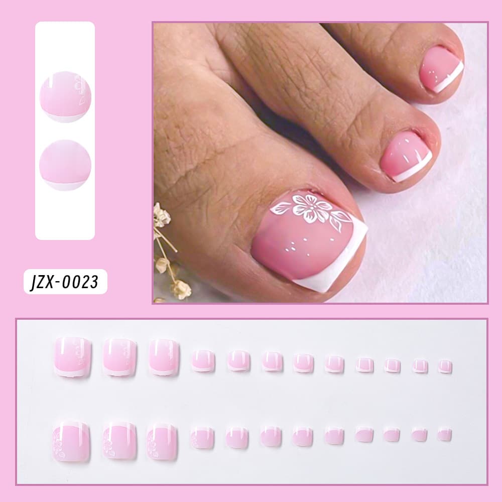 Cross-border 24-piece minimalist French floral rhinestone short toenail collection press-on nail tips, removable toenail covers