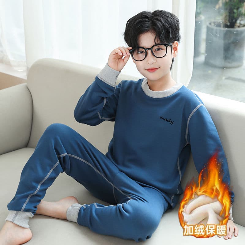 Boys' Seamless Thermal Underwear Set, Autumn/Winter Kids' Fleece-Lined Thick Long Johns, Mid-to-Large Children's Base Layer Warm Clothing