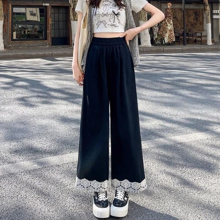 Washed Cotton Lace Trim Wide Leg Pants for Women Spring Summer New Style Forest Sweet Droopy Soft Cropped Casual Straight Leg Pants