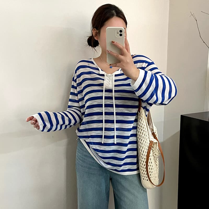 Plus Size Women's Tie-Neck Casual Top Long Sleeve Lightweight Striped Knit Sweater 2026 Summer Fat mm Knitwear 23796