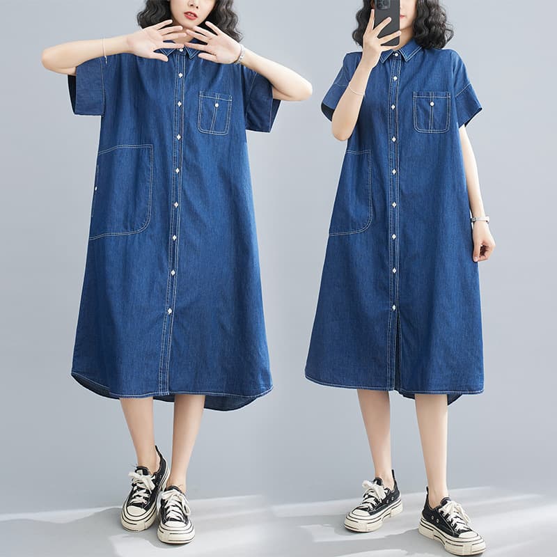 2026 Summer Fashion New Style Contrast Stitching Casual Plus-Size Unisex Denim Dress Long Shirt for Women in Lightweight Material