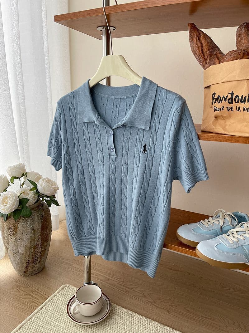 Korean Style 2026 Summer Linen Ice Silk Breathable Knitted Short Sleeve Polo Neck T-Shirt Women's Designer Embroidered Top European Style