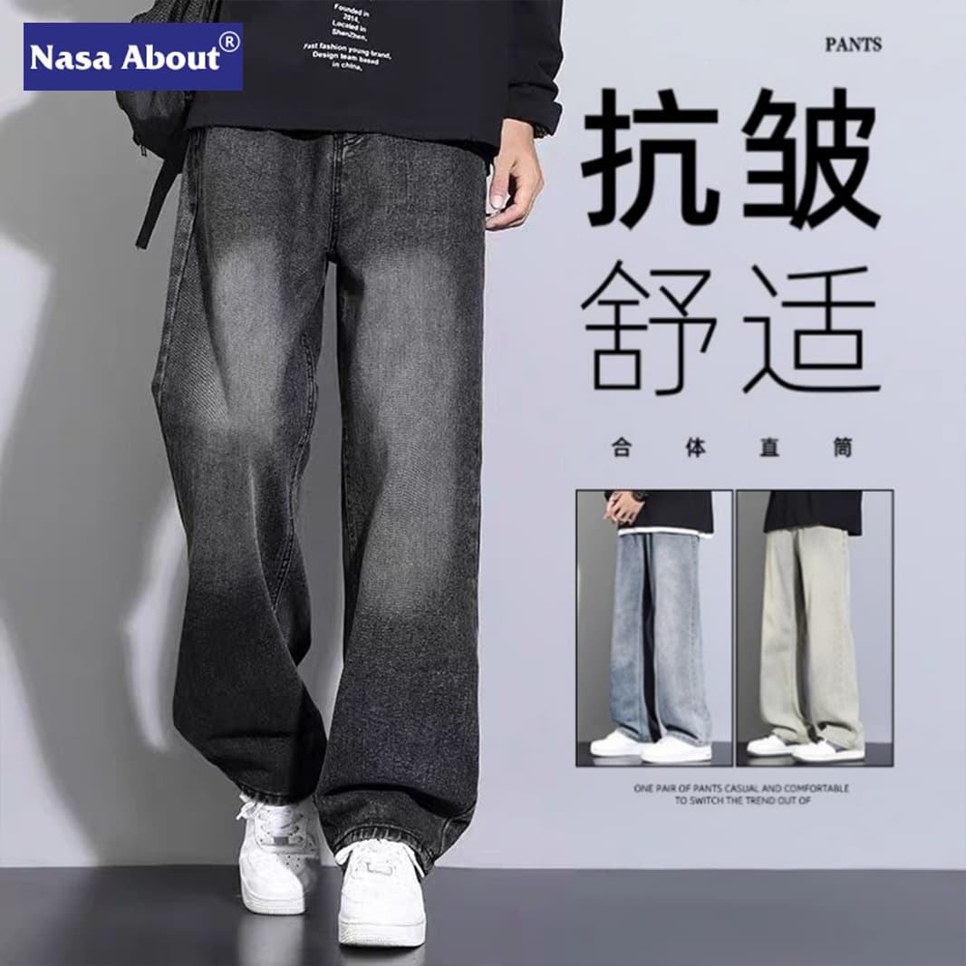NASA Men's Black Fleece Lined Casual Straight Leg Jeans Autumn Winter Loose Fit American Style Youth Trend Low Waist Button Fly