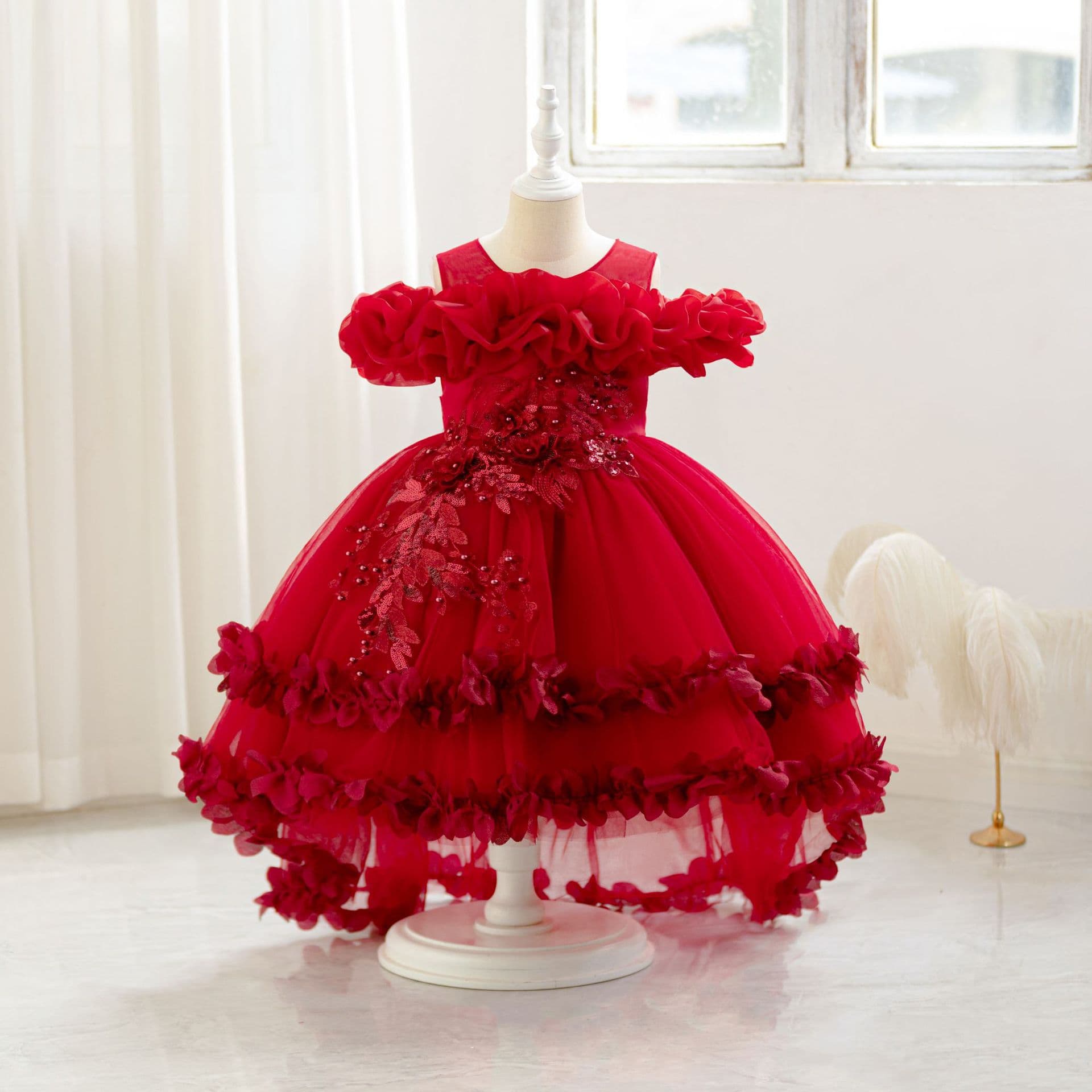 New Children's Off-Shoulder Birthday Party Princess Dress Solid Color Wedding First Birthday Outfit Festival Dress 3D Flower