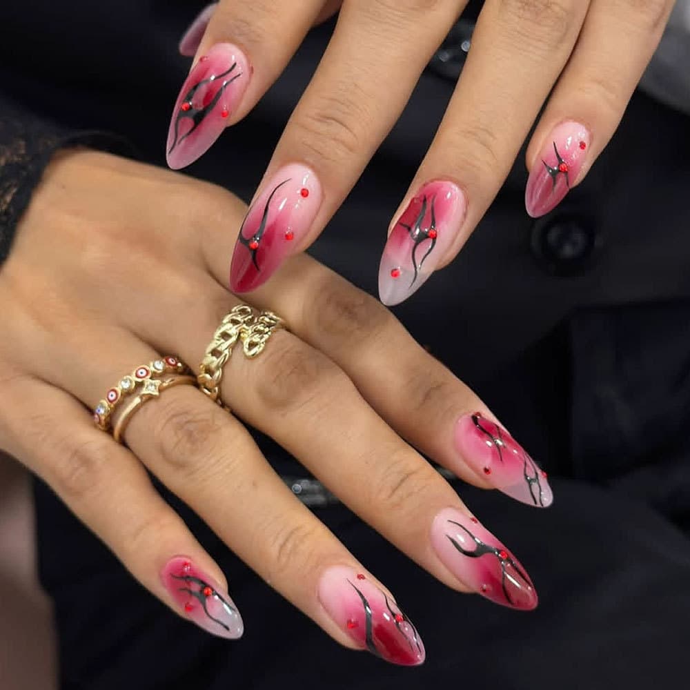 Y2K hot girl blood color gradient thorns wearing nails hand painted black thorns red diamond long almond manicure fake nails