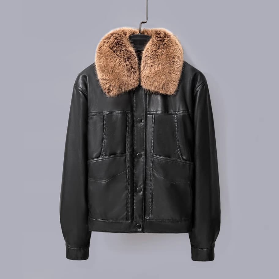 Cross-Border Winter New Leather Jacket for Women, Versatile Lapel Leather Jacket, Short Style, Retro Leather Jacket for Women, Fleece-Lined, Customized to Heattech