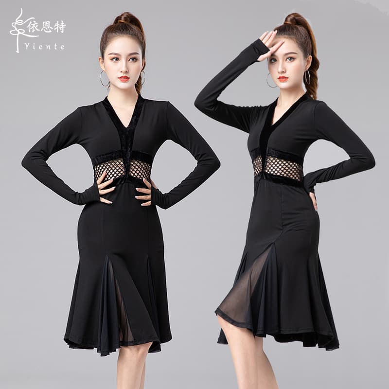 Latin dance costume for adults, 2025 new style, long-sleeved high-end performance dress, art exam practice clothes, professional competition attire.