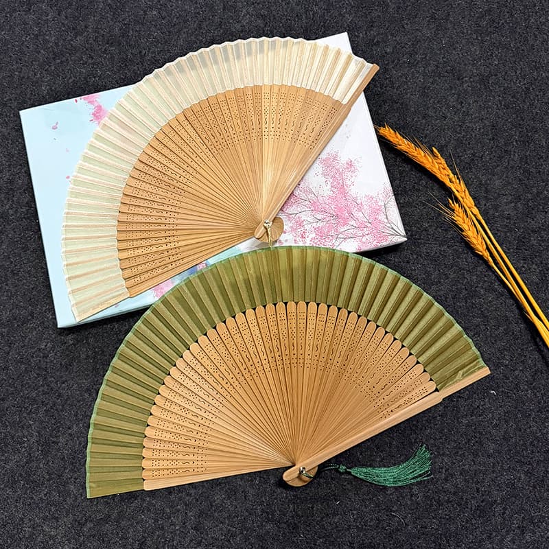 Green Bamboo Ancient Style Folding Fan Solid Color Hollowed Out Dance Fan Hanfu Performance Fan Cross-Border Trade Folding Fan