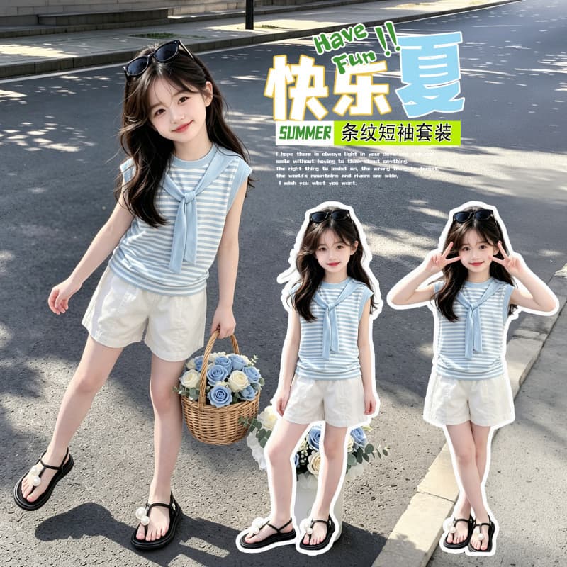 Children's Clothing Girls Summer Suit Big Kids Striped Shawl Fake Two-Piece Top Shorts Girls Sportswear Two-Piece Set