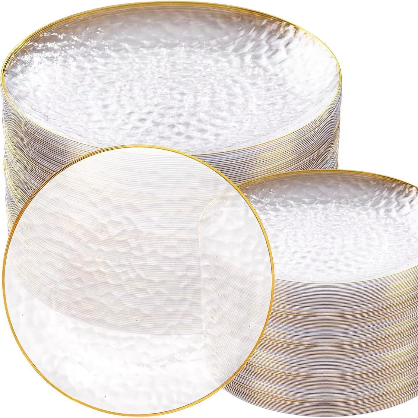 Plastic Disposable Tableware Transparent Gold Plate Hammered Plate Pink Gold Rim Satin Plate Gold Foil Rim Hammered Party Plate
