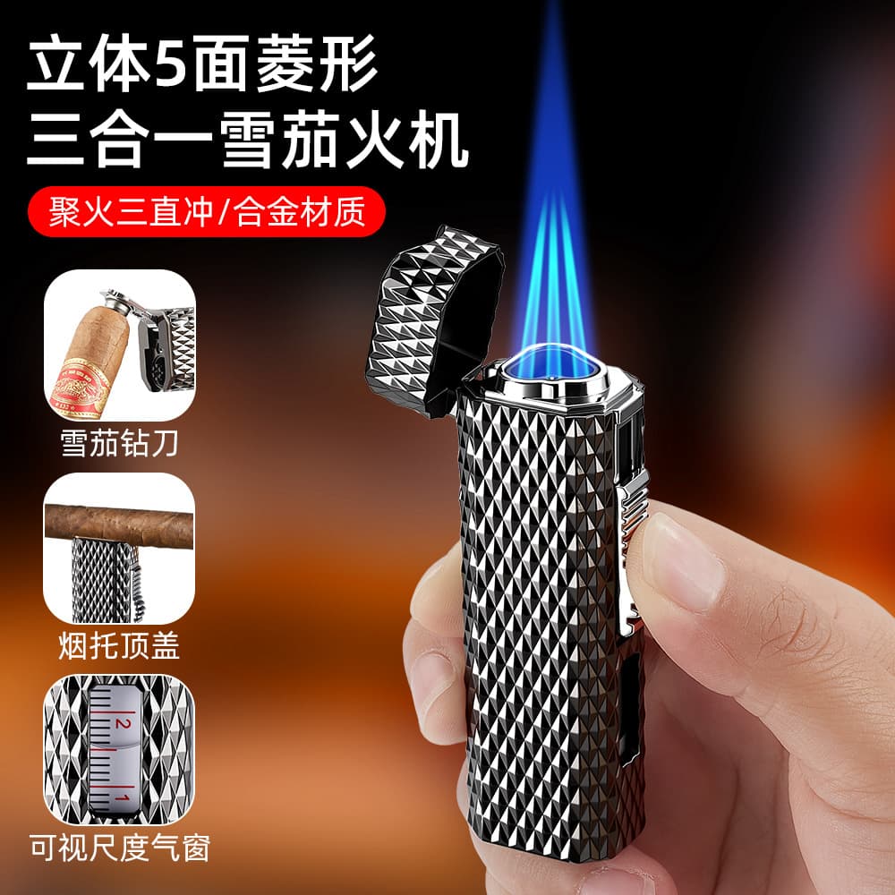 Cross-Border Bestseller 3-in-1 Cigar Lighter Alloy Triple Jet Flame with Cutter Cigar Rest Windproof Refillable Lighter