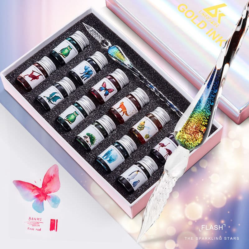 Limited Elf Series 12-Color Set Glass Dip Pen, Student Use Colored Ink Popular Fountain Pen Writing Practice Gift