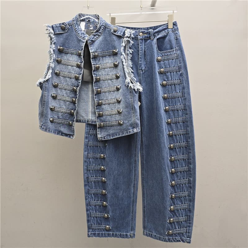 American Industrial Multi-Button Set for Women White Stand Collar Vest + Side Button Straight-Leg Pants Fashionable Two-Piece Set