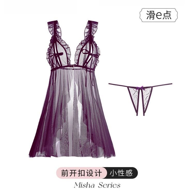 ME Women's Sleepwear Sexy Nightgown Summer Unique Stunning Ambiance Purple Thin Lace Mesh Strap Slip Dress