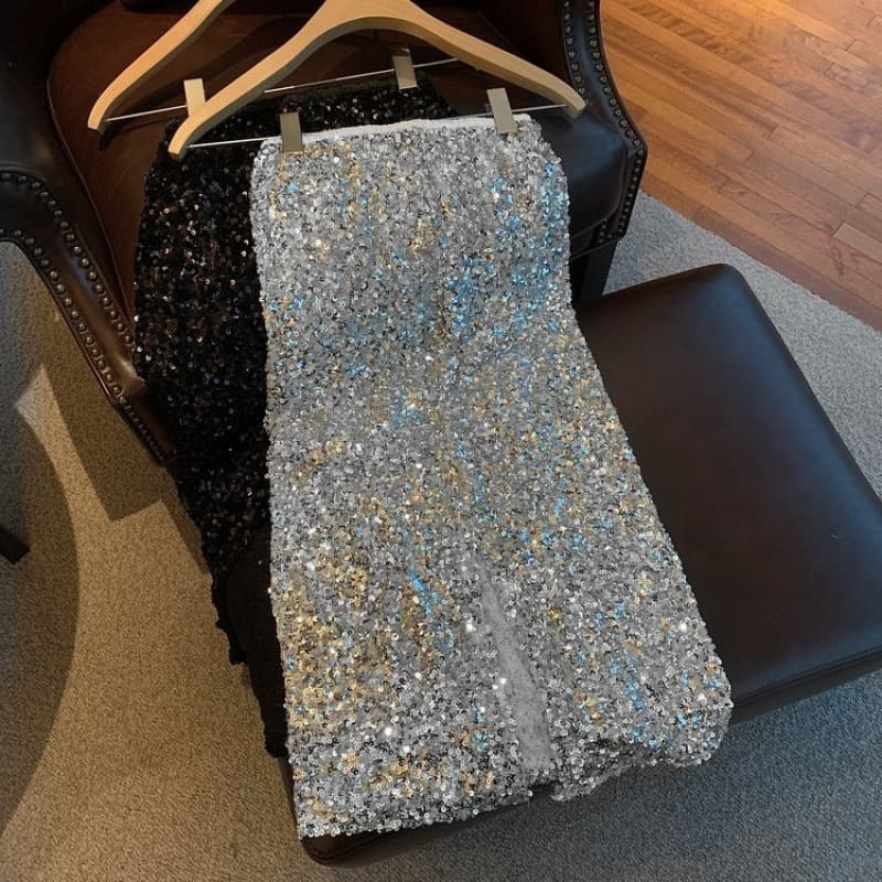Premium Silver Sequin Midi Skirt for Women, High-Waist Hip-Hugging Design with Slit, Autumn Style