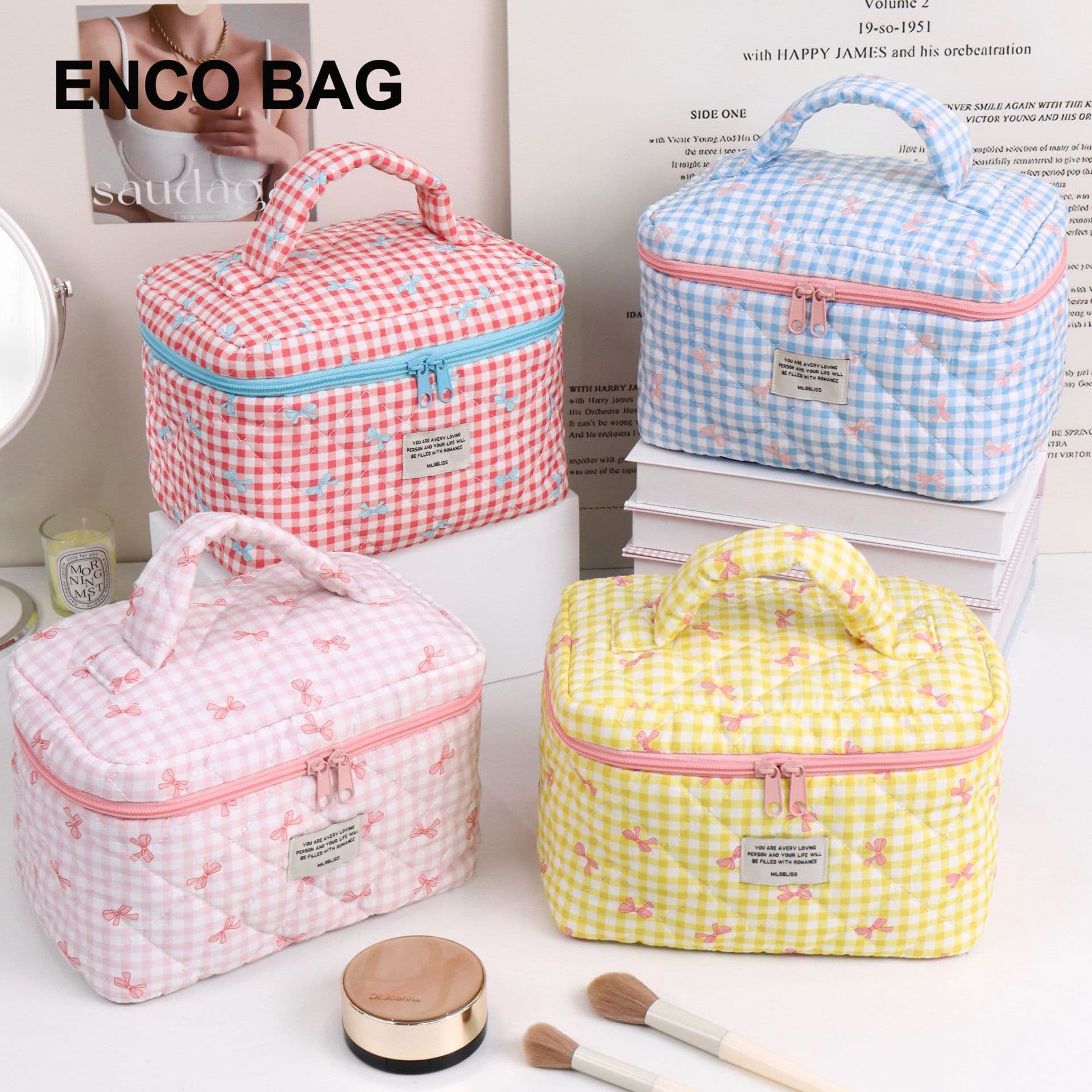 Cross-border hot selling plaid bow cute cosmetic bag large capacity high-end storage bag girls toiletry bag pencil bag