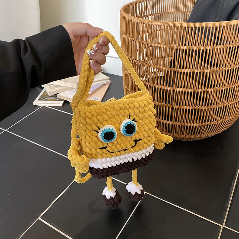 Cross-border cartoon woolen small bag for women, SpongeBob SquarePants, weird and eccentric finished knitted bag, mobile phone shoulder bag, bags