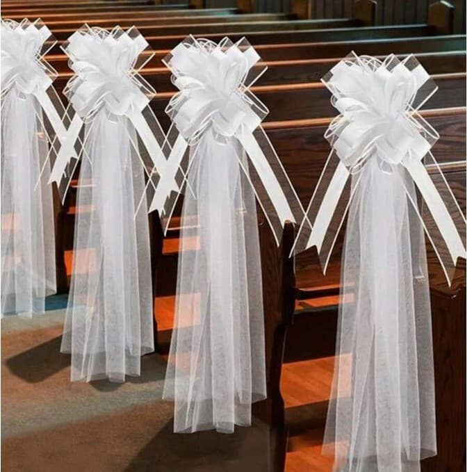Cross-border New White Mesh Bow Ribbon Wedding Decoration for Ceremony Atmosphere, Aisle Guide, Wedding Car Decoration, Chair Back Flowers