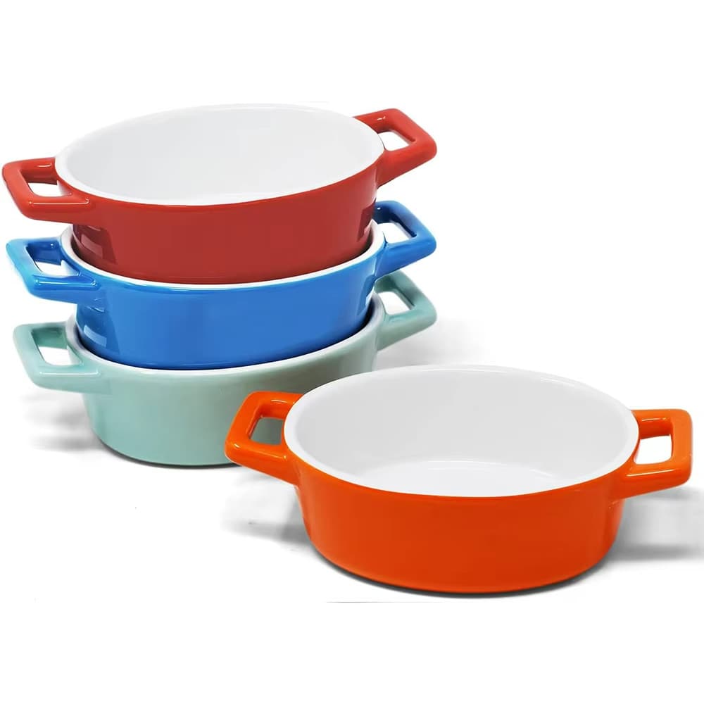 Solid color round mini double-eared ceramic baking pan with logo on it, oven ceramic milk pan, soufflé cream pudding bowl