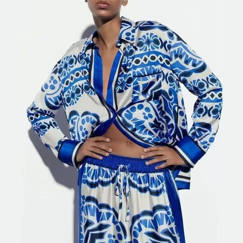 2026 new European and American cross-border printed long-sleeved shirt wide-leg pants suit for women loose casual vacation style two-piece set