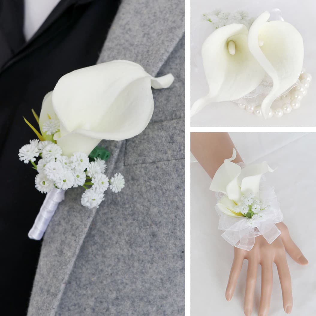 Western Wedding Groom and Bride Boutonniere, Bridesmaid Wrist Corsage, Wedding Banquet Friend Hand Bouquet, Calla Lily Lapel Flower