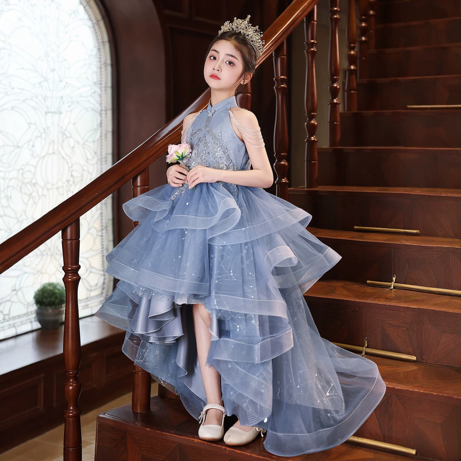 Children's Host Dress for Girls, High-End Luxury Niche Piano Performance Flower Girl Stylish Puffy Princess Dress