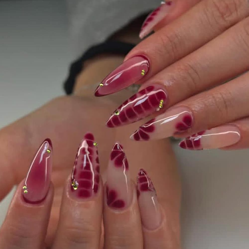 Burgundy smudged snake pattern wearable nails with diamonds, sweet and cool hot girl style long almond-shaped manicure patches wholesale fake nails