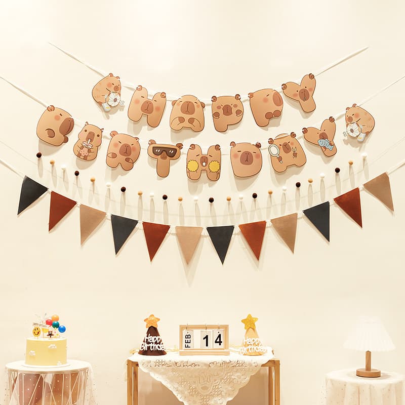 Capybara Happy Birthday Pom Pom Banner Garland Decoration for Kids First Birthday Theme Party Background Scene