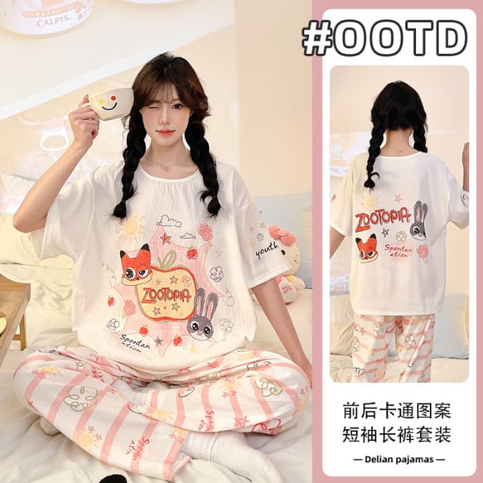 2026 Summer New Short Sleeve Long Pants Cloud Cotton Pajamas Women Cute Cartoon Summer Homewear Wear-Out Set