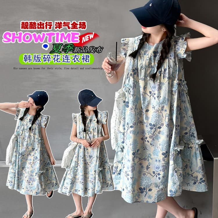 Girls Summer Dress 2026 Korean Style Floral Princess Dress Thin Fabric Cotton Dress for Middle and Older Girls