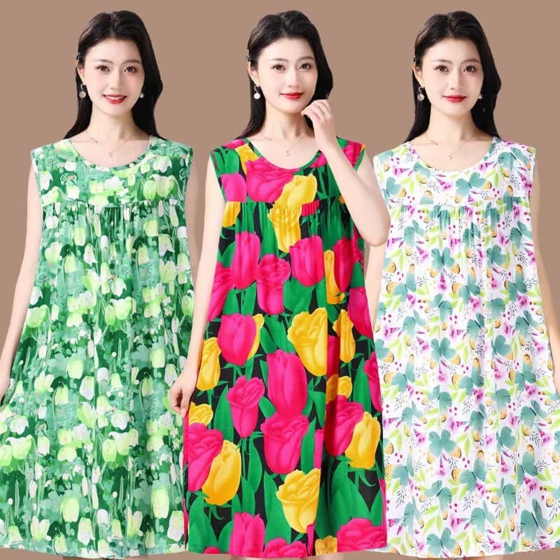 White Cotton Silk Nightgown Women's New Summer Mother's Mid-Length Sleeveless Dress Rayon