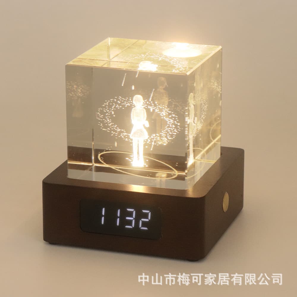 USB C Rechargeable Crystal Night Light with Clock Function, Rgb Colorful Light, Wooden Atmosphere Lamp, Desktop Ornament, Gift for Friends