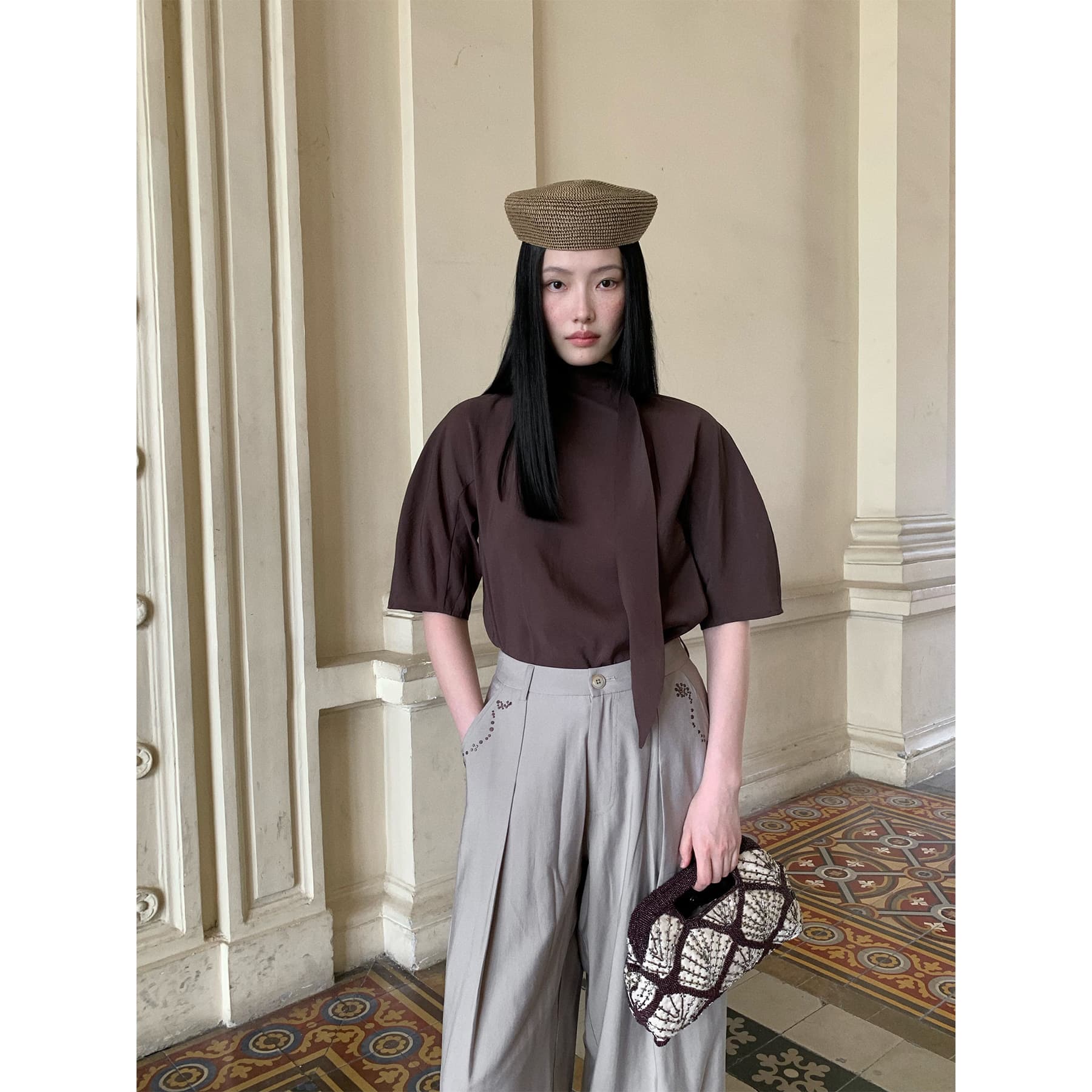 NEIHE Neihe 2026 slightly see-through stand-up collar silhouette scarf shirt loose temperament top for women autumn 260193