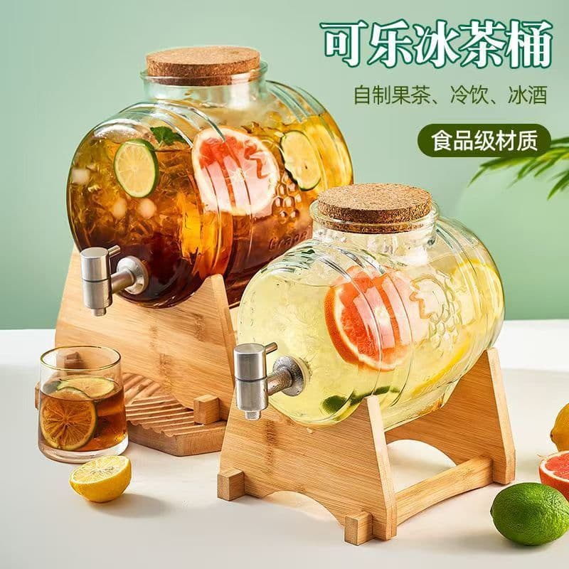 Wholesale High Transparency Thickened Glass Cola Barrel, Large Capacity Home Beverage Dispenser with Spigot, Pitcher, Cup, Fruit Tub