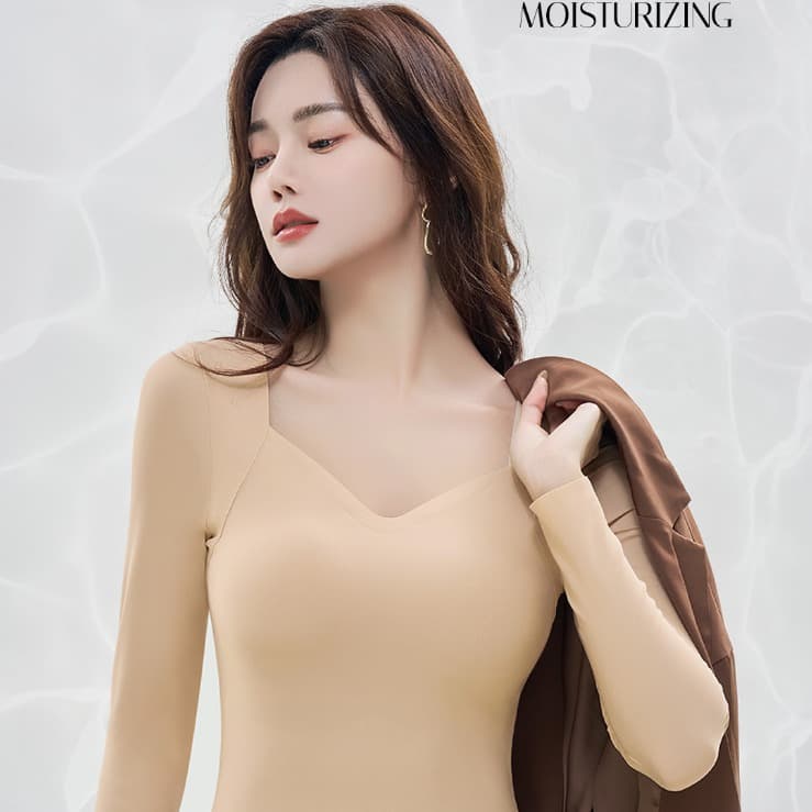 Autumn and Winter Skin-Beautifying Women's Thermal Base Layer with Chest Pad, Flesh-Tone Ultra-Thin Low-Collar Invisible Top