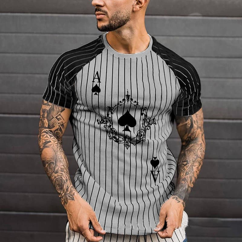 Thin Style 2024 Summer New 3D Printed Ace of Spades Striped Color-Blocking Men's Short-Sleeve Casual Crew Neck T-Shirt