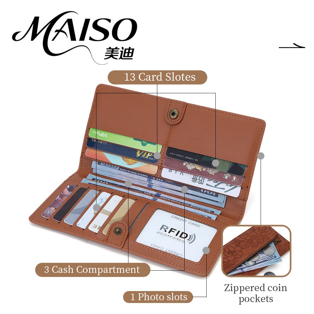 New RFID Long Wallet Card Holder Bifold Wallet Embossed Microfiber Leather Women's Wallet Premium Feel