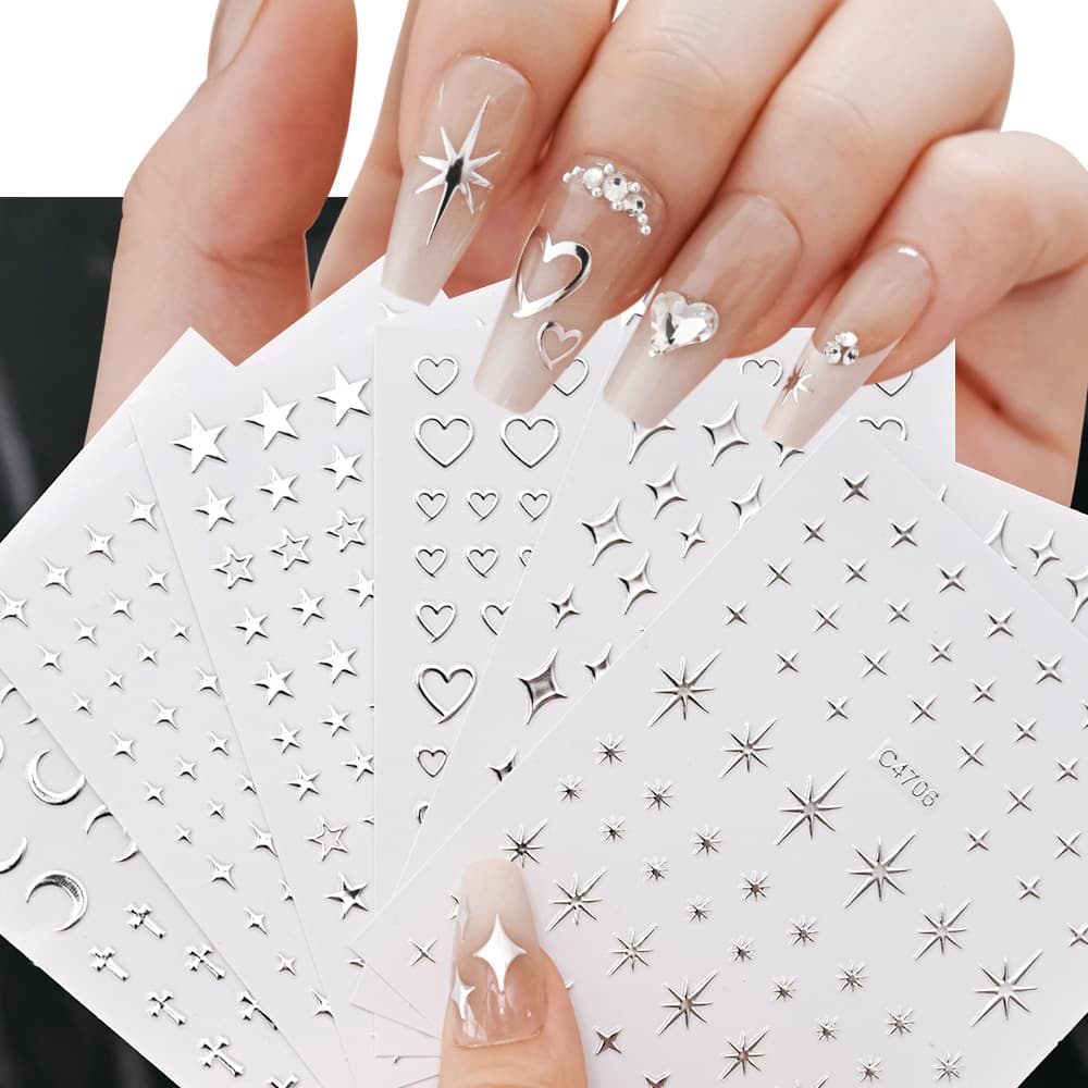 New Liquid Metal Silver Nail Art Stickers Y2K Millennium Style Crow Heart Starburst Love Small Size Pattern Nail Art Stickers