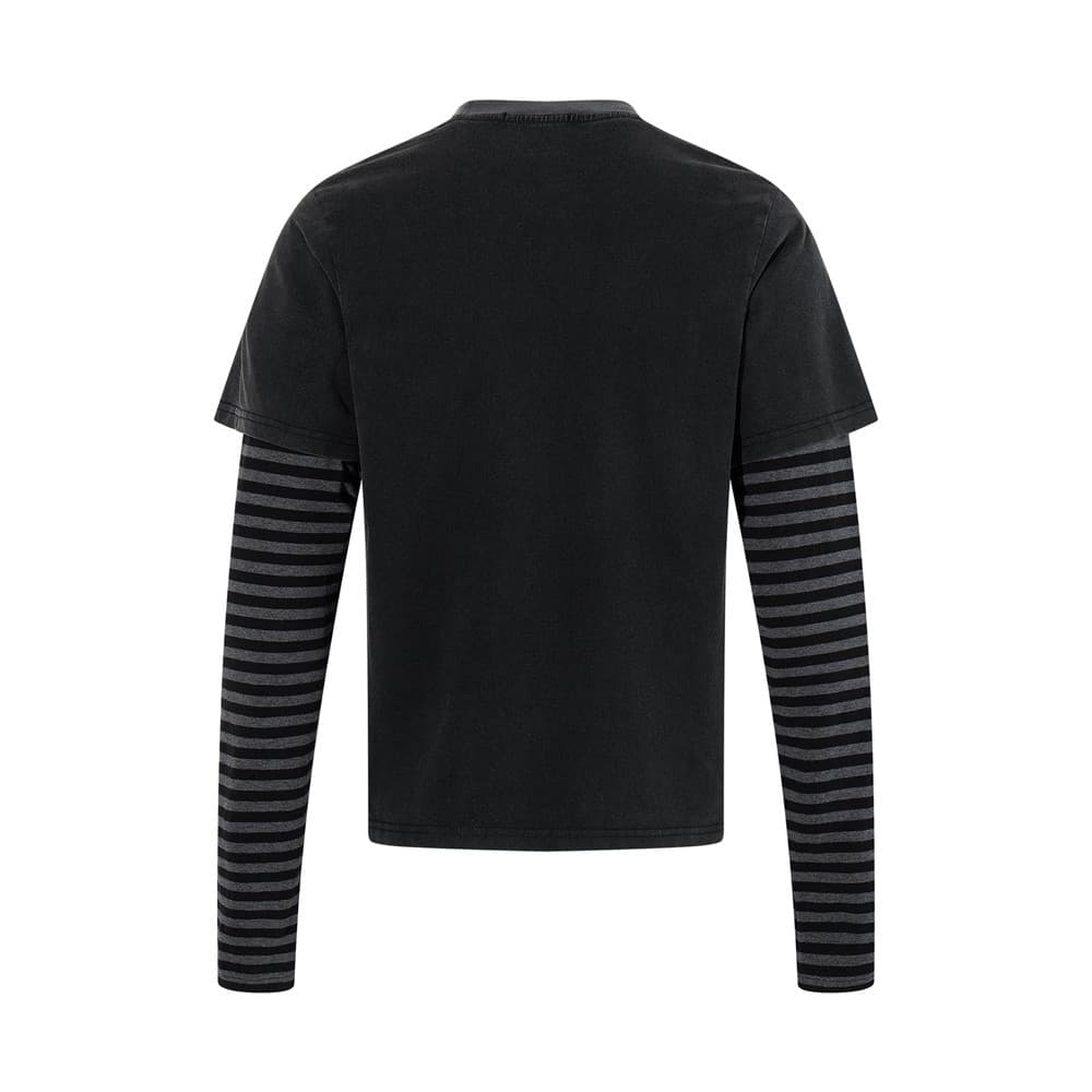 Faux Two-Piece Striped Long-Sleeve T-Shirt for Men, American Vintage Washed Distressed Casual Round Neck Top, INS Street Style