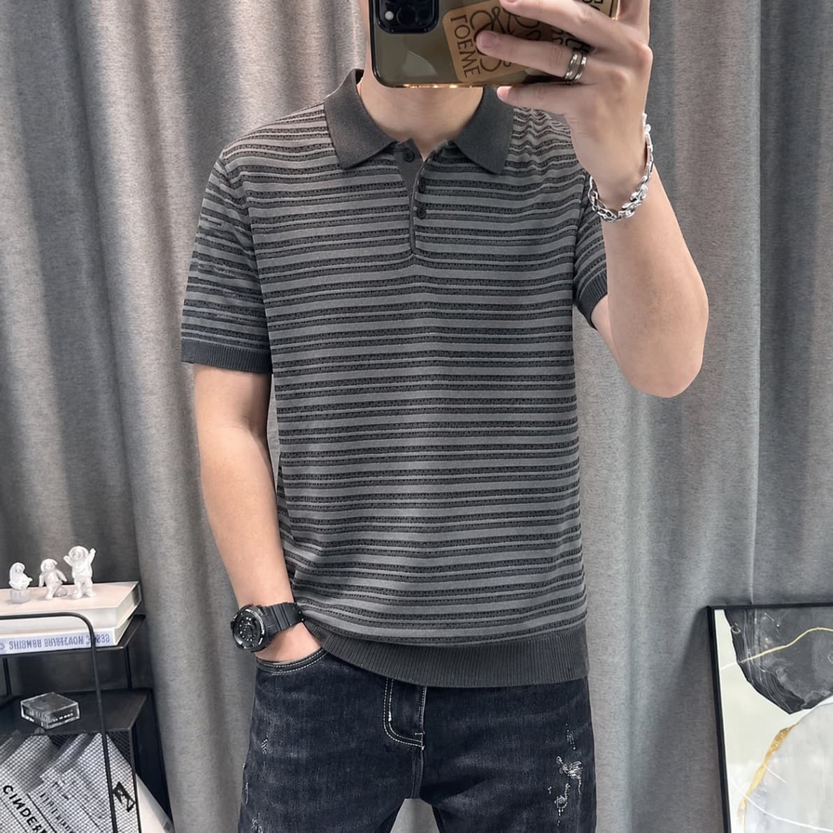 Blue and white striped hollow knitted short-sleeved POLO shirt for men in summer old money style lapel lazy manly T-shirt