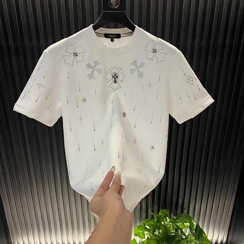 Summer New Short Sleeve T-Shirt Men Breathable Crew Neck Light Luxury Ins Meteor Hotfix Rhinestone Embroidery Half Sleeve Top Tee