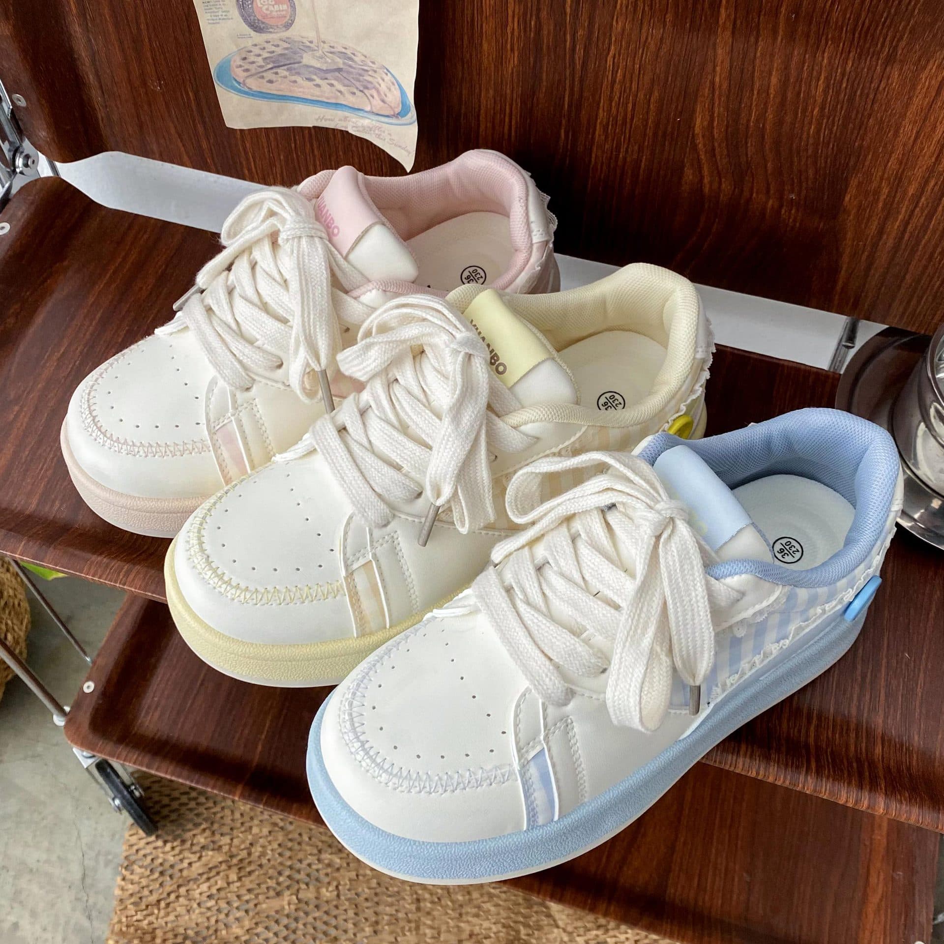 2025 Spring/Summer Low-Top Color-Block Korean Canvas Women's Shoes, Harajuku Breathable Hong Kong Style Street Photography Trendy White Shoes N2307