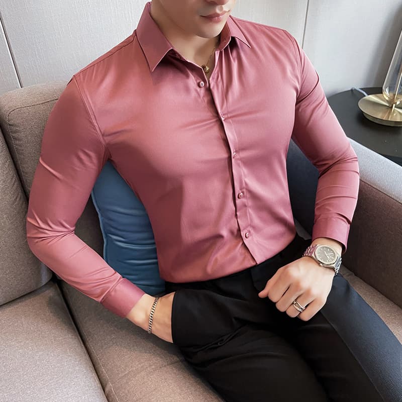 Long Sleeve Shirt for Men, Autumn High Volume Solid Color Base Layer Shirt, Slim Fit Business Long Sleeve Work Shirt